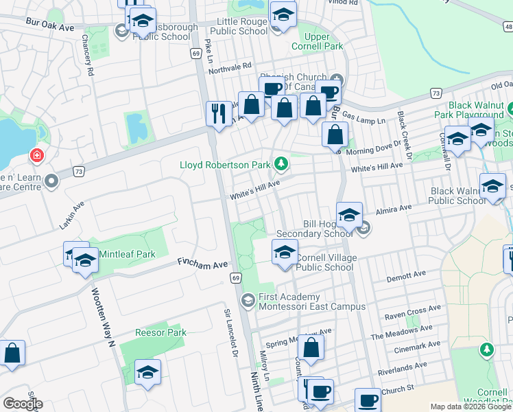 map of restaurants, bars, coffee shops, grocery stores, and more near in Markham