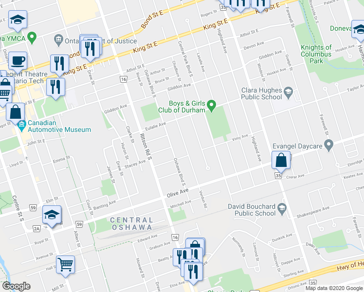 map of restaurants, bars, coffee shops, grocery stores, and more near 242 Verdun Road in Oshawa