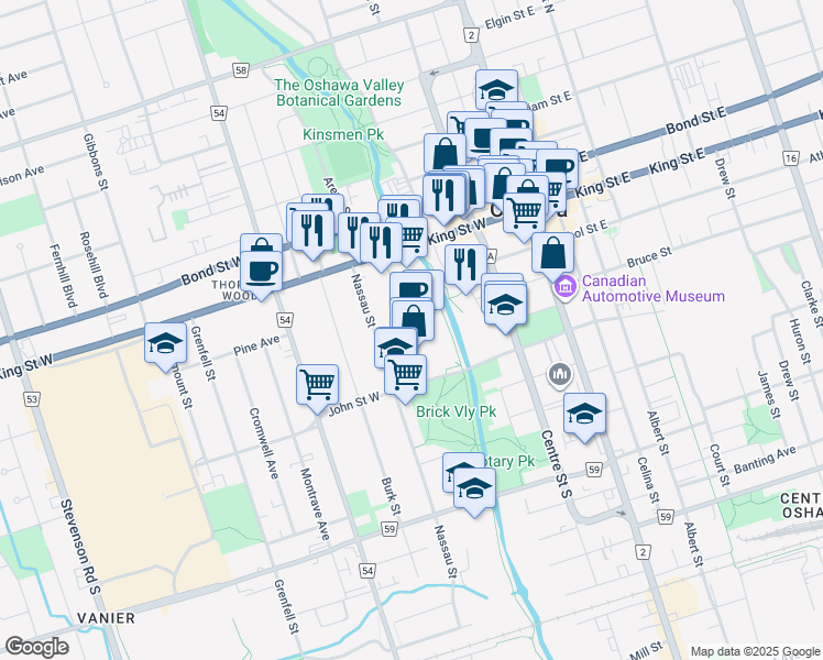 map of restaurants, bars, coffee shops, grocery stores, and more near 200 John Street West in Oshawa