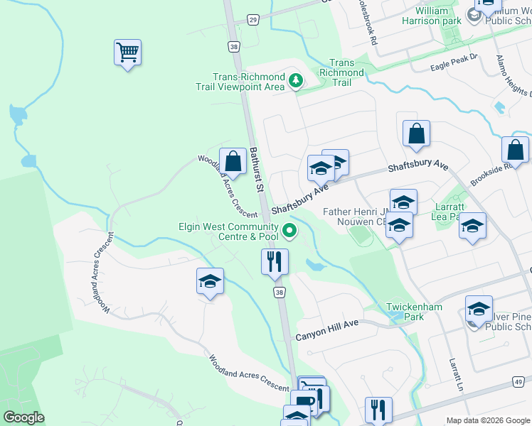 map of restaurants, bars, coffee shops, grocery stores, and more near Bathurst Street & Shaftsbury Avenue in Richmond Hill