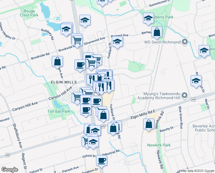 map of restaurants, bars, coffee shops, grocery stores, and more near 10909 Yonge Street in Richmond Hill