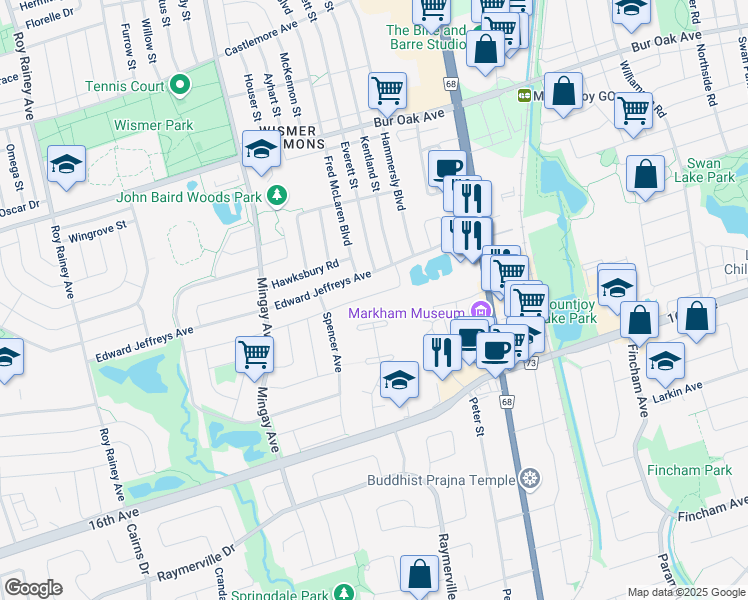 map of restaurants, bars, coffee shops, grocery stores, and more near 107 Monkhouse Road in Markham