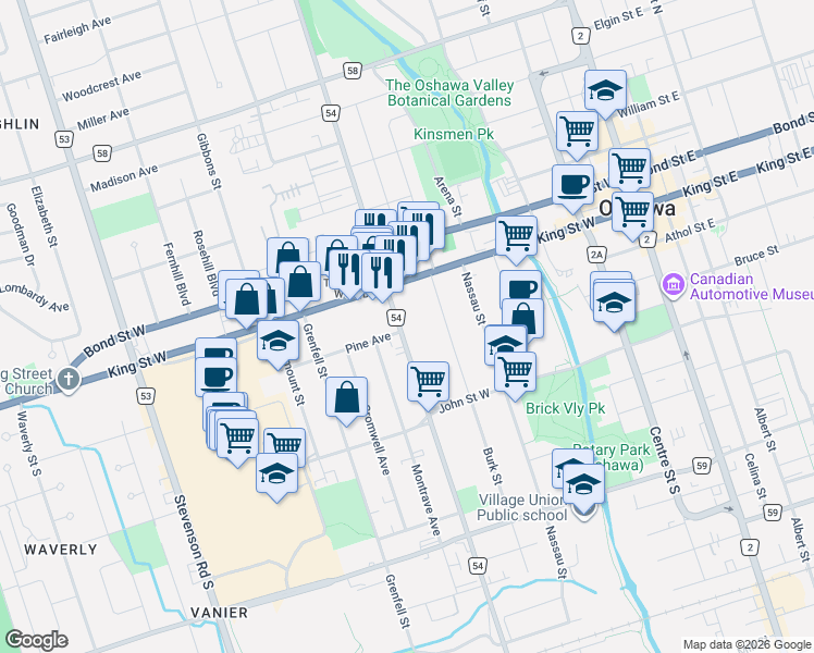 map of restaurants, bars, coffee shops, grocery stores, and more near 30 Park Road South in Oshawa