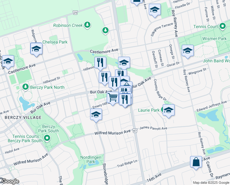 map of restaurants, bars, coffee shops, grocery stores, and more near 539 Bur Oak Avenue in Markham