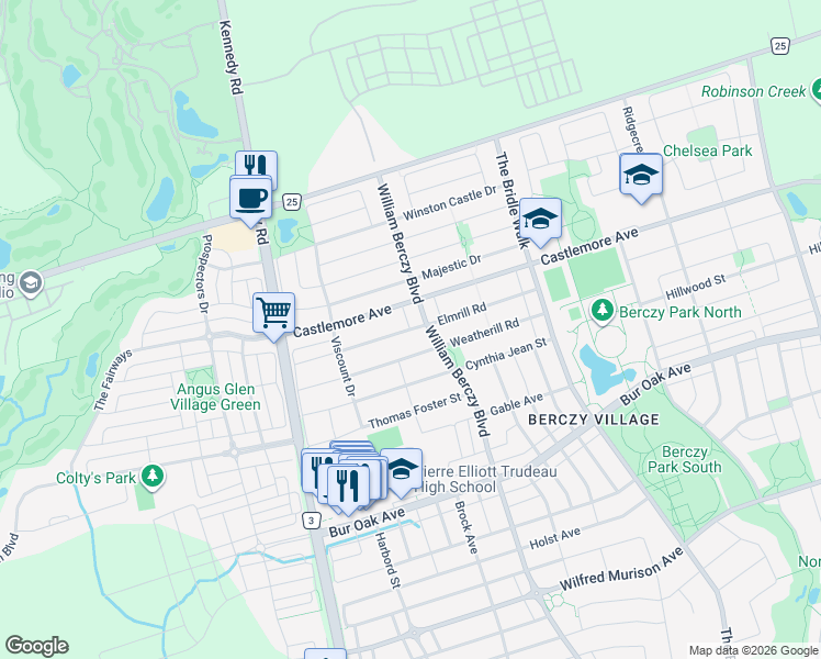map of restaurants, bars, coffee shops, grocery stores, and more near Elmrill Road in Markham