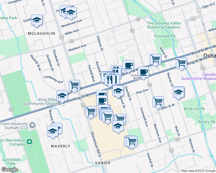 map of restaurants, bars, coffee shops, grocery stores, and more near 202-420 King Street West in Oshawa