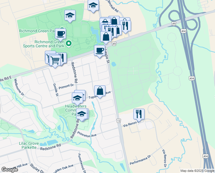 map of restaurants, bars, coffee shops, grocery stores, and more near 35 Martini Drive in Richmond Hill