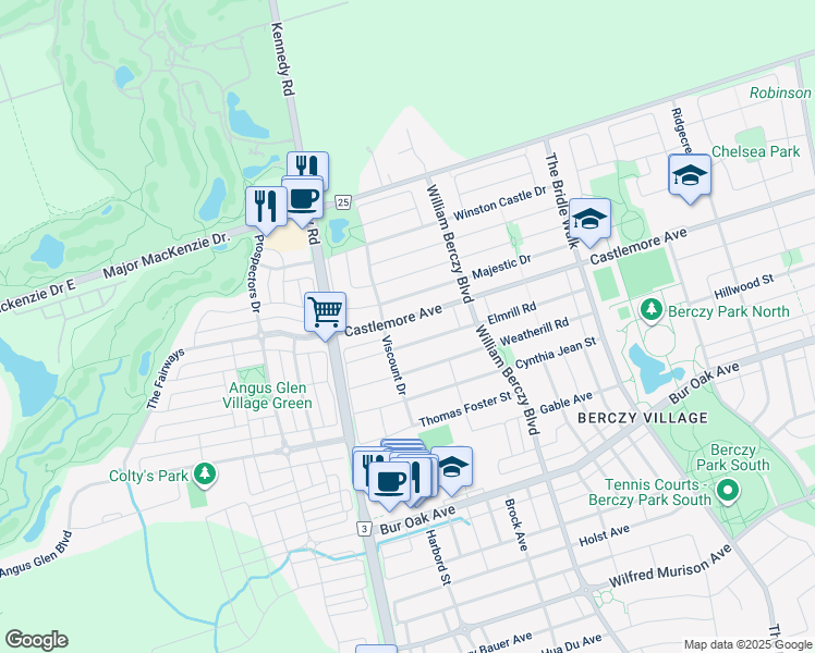 map of restaurants, bars, coffee shops, grocery stores, and more near 33 Castlemore Avenue in Markham