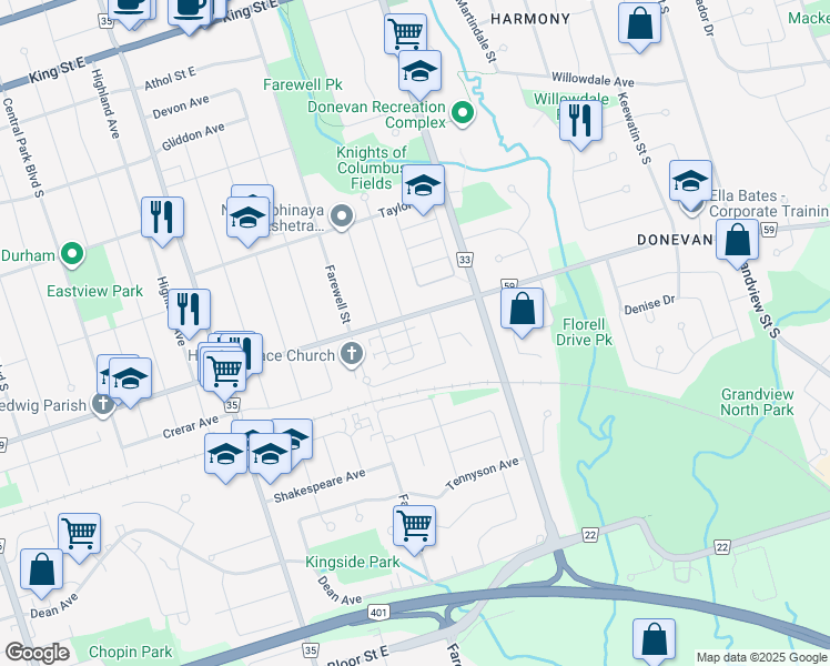 map of restaurants, bars, coffee shops, grocery stores, and more near in Oshawa