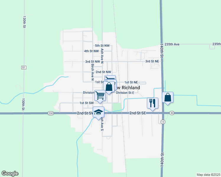 map of restaurants, bars, coffee shops, grocery stores, and more near 127 Broadway Avenue North in New Richland
