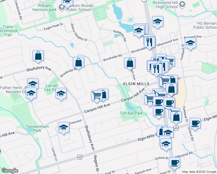map of restaurants, bars, coffee shops, grocery stores, and more near 95 Naughton Drive in Richmond Hill