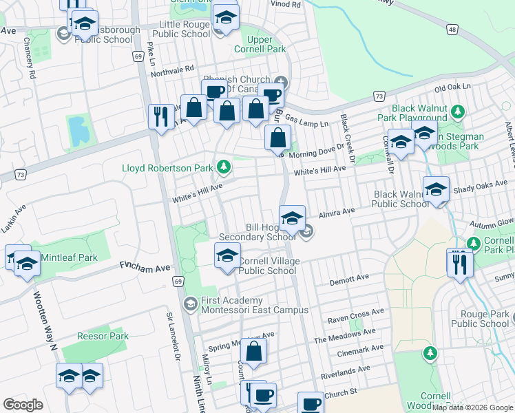 map of restaurants, bars, coffee shops, grocery stores, and more near 248 Walkerville Road in Markham