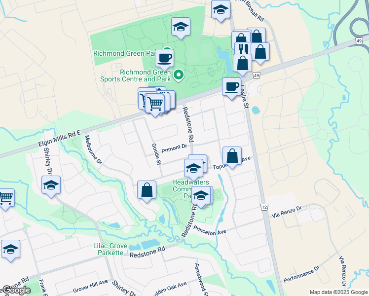 map of restaurants, bars, coffee shops, grocery stores, and more near 9 Primont Drive in Richmond Hill
