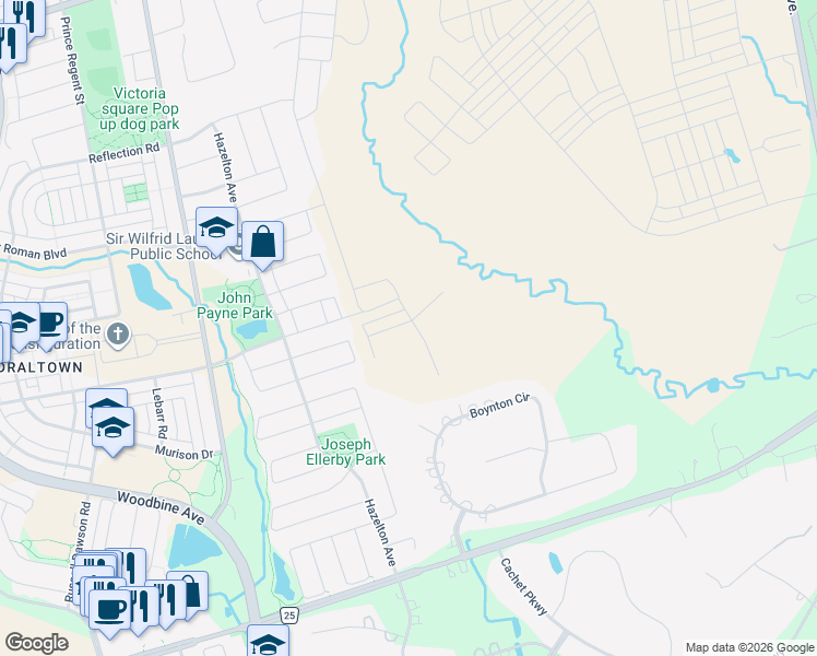 map of restaurants, bars, coffee shops, grocery stores, and more near 29 Mindanao Avenue in Markham