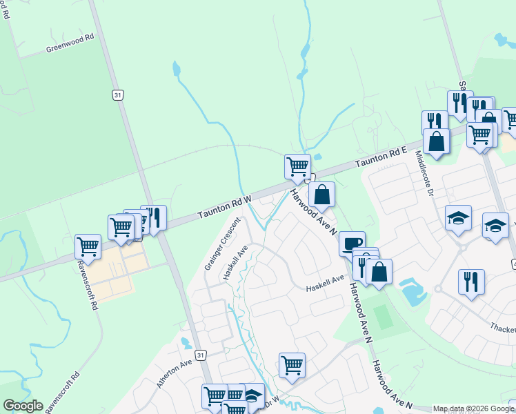 map of restaurants, bars, coffee shops, grocery stores, and more near 11 Keenlyside Lane in Ajax