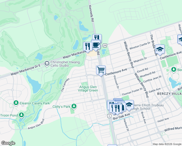 map of restaurants, bars, coffee shops, grocery stores, and more near 98 The Fairways in Markham