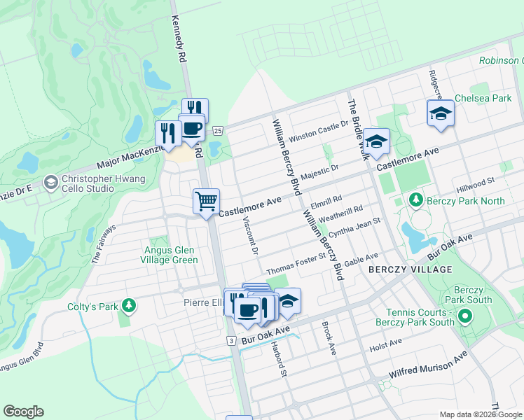 map of restaurants, bars, coffee shops, grocery stores, and more near 35 Castlemore Avenue in Markham