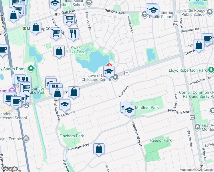 map of restaurants, bars, coffee shops, grocery stores, and more near 90 Penny Crescent in Markham