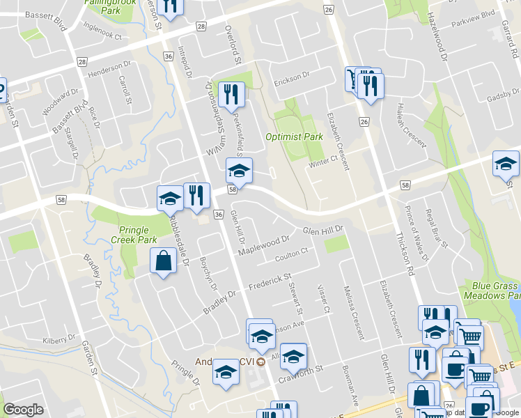 map of restaurants, bars, coffee shops, grocery stores, and more near 34 Glen Hill Drive in Whitby