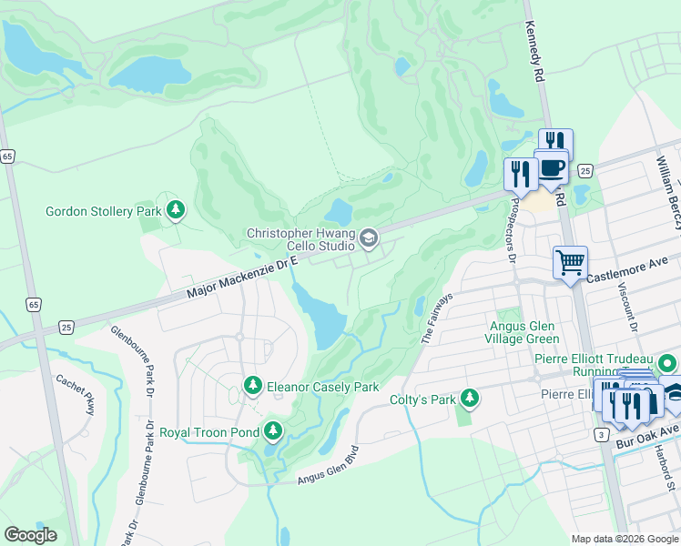 map of restaurants, bars, coffee shops, grocery stores, and more near 18 Gardeners Lane in Markham