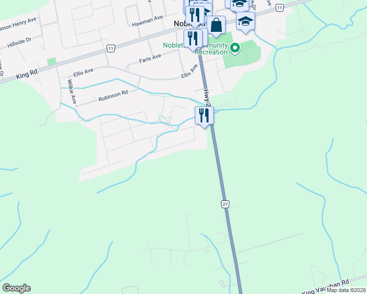 map of restaurants, bars, coffee shops, grocery stores, and more near 25 Munsie Drive in Nobleton