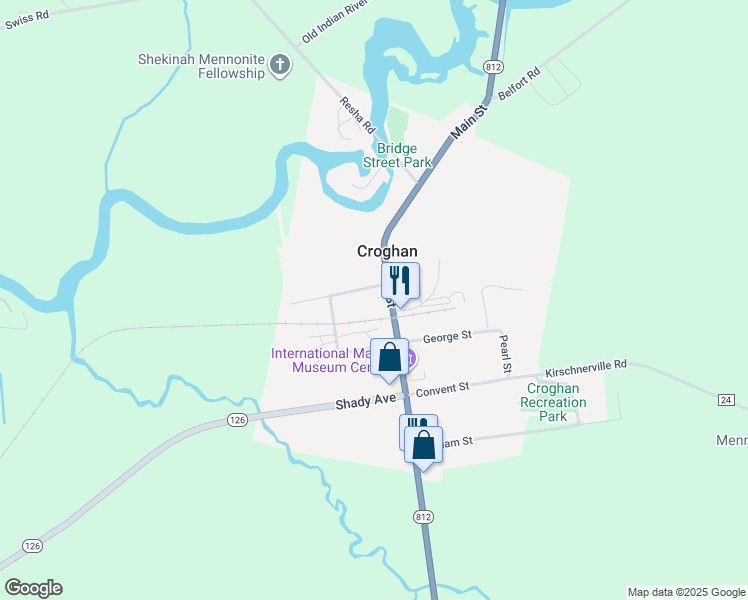 map of restaurants, bars, coffee shops, grocery stores, and more near 9801 Main Street in Croghan