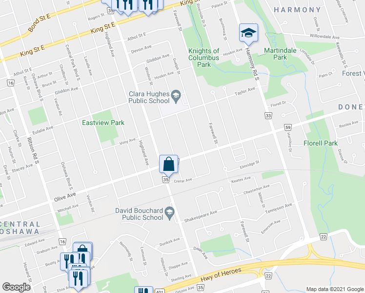 map of restaurants, bars, coffee shops, grocery stores, and more near 305 Windsor Street in Oshawa