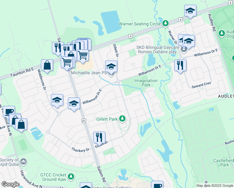 map of restaurants, bars, coffee shops, grocery stores, and more near 113 Gillett Drive in Ajax
