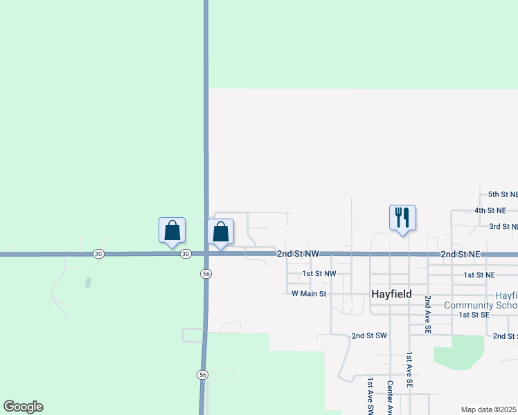 map of restaurants, bars, coffee shops, grocery stores, and more near 604 4th Street Northwest in Hayfield