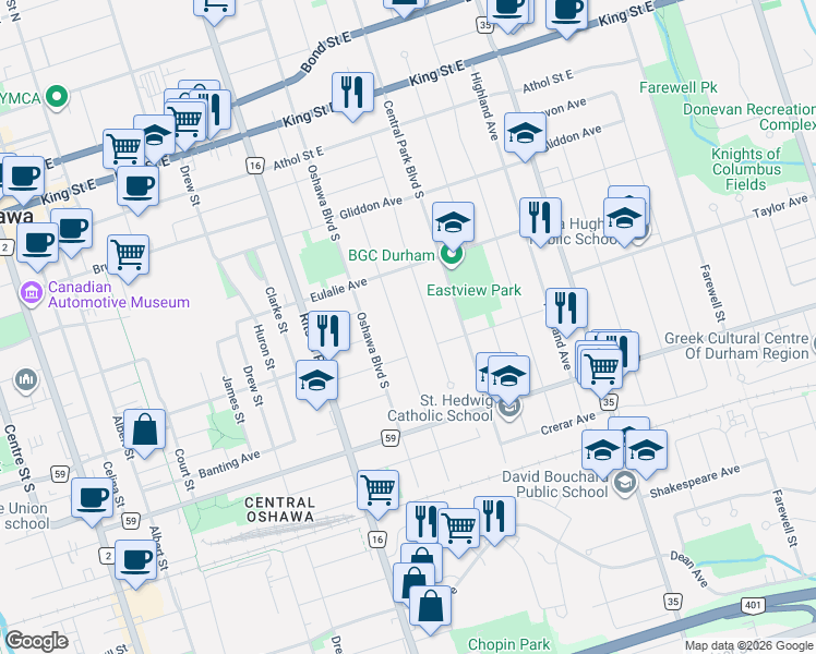 map of restaurants, bars, coffee shops, grocery stores, and more near 239 Verdun Road in Oshawa