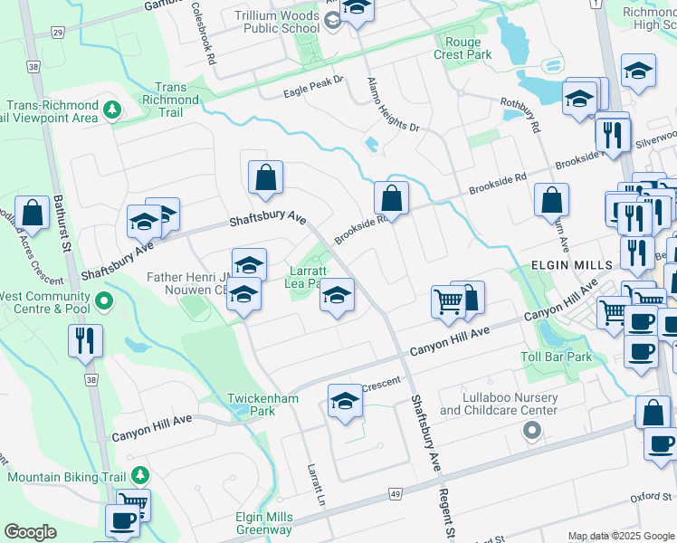 map of restaurants, bars, coffee shops, grocery stores, and more near 120 Shaftsbury Avenue in Richmond Hill