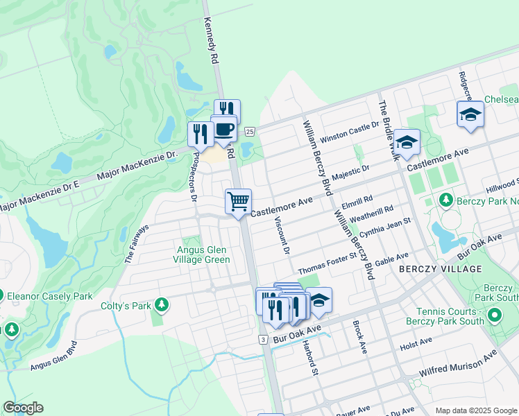 map of restaurants, bars, coffee shops, grocery stores, and more near 12 Castlemore Avenue in Markham