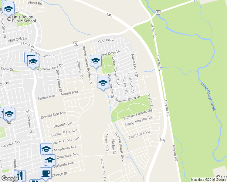 map of restaurants, bars, coffee shops, grocery stores, and more near 31 Rock Garden Street in Markham