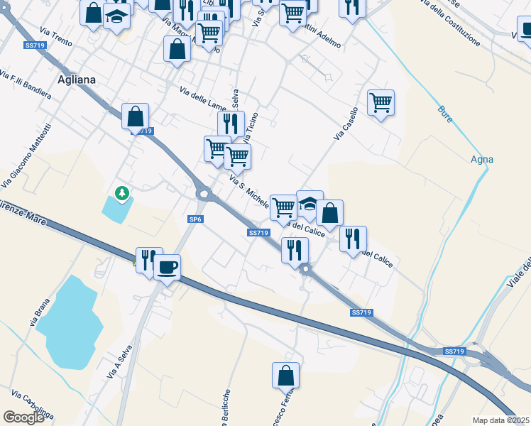map of restaurants, bars, coffee shops, grocery stores, and more near 4 Via Chiusa in Agliana