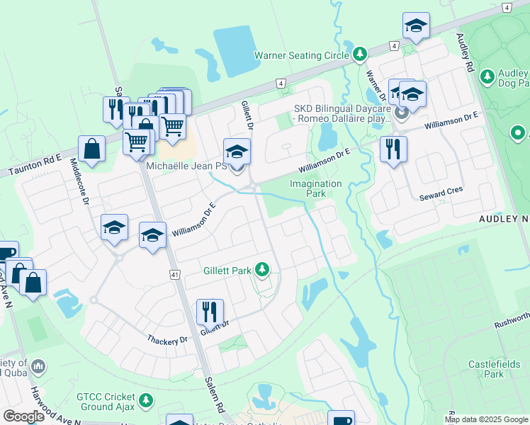 map of restaurants, bars, coffee shops, grocery stores, and more near 113 Gillett Drive in Ajax