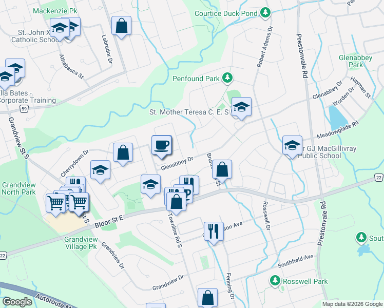 map of restaurants, bars, coffee shops, grocery stores, and more near 30 Glenabbey Drive in Clarington