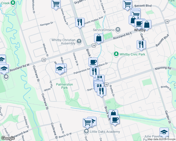 map of restaurants, bars, coffee shops, grocery stores, and more near 111 Palmerston Avenue in Whitby
