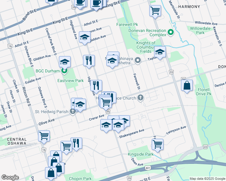 map of restaurants, bars, coffee shops, grocery stores, and more near 305 Windsor Street in Oshawa