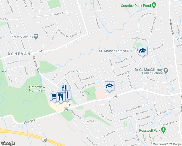 map of restaurants, bars, coffee shops, grocery stores, and more near 1333 Cherrydown Drive in Oshawa