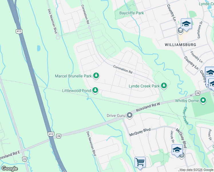 map of restaurants, bars, coffee shops, grocery stores, and more near 107 Marcel Brunelle Drive in Whitby