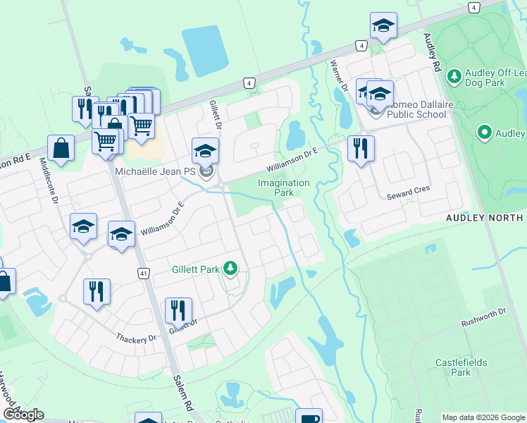 map of restaurants, bars, coffee shops, grocery stores, and more near 18 Bissland Drive in Ajax