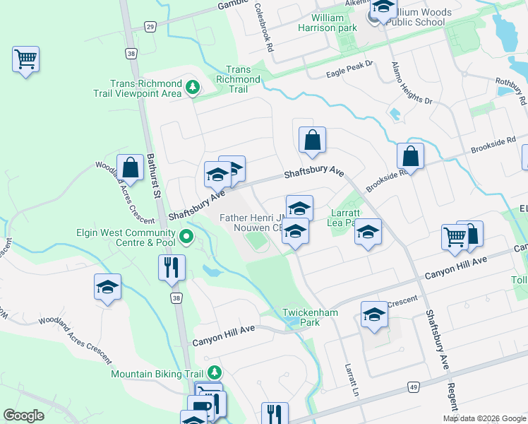 map of restaurants, bars, coffee shops, grocery stores, and more near 150 Larratt Lane in Richmond Hill