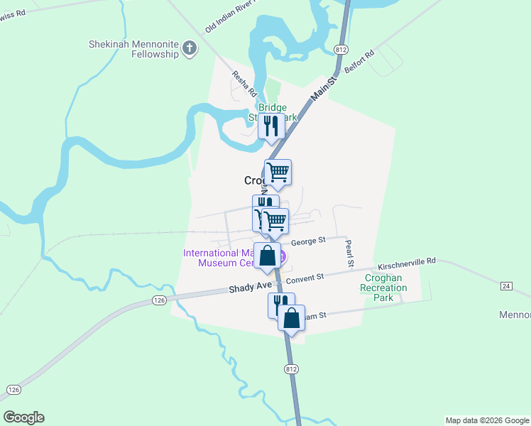 map of restaurants, bars, coffee shops, grocery stores, and more near 9801 Main Street in Croghan