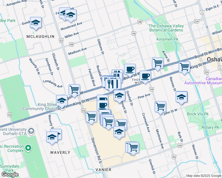 map of restaurants, bars, coffee shops, grocery stores, and more near 202-420 King Street West in Oshawa