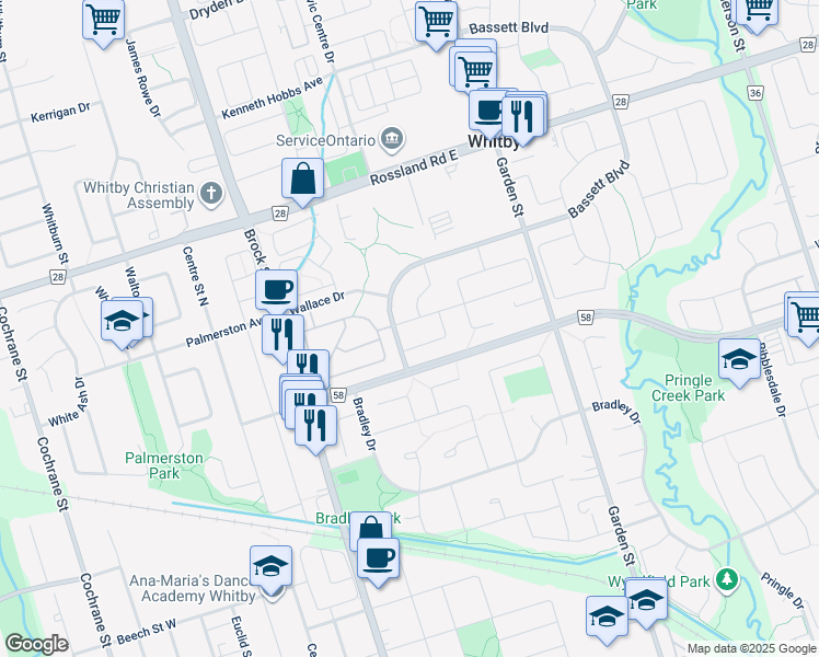 map of restaurants, bars, coffee shops, grocery stores, and more near 23 Waywell Street in Whitby