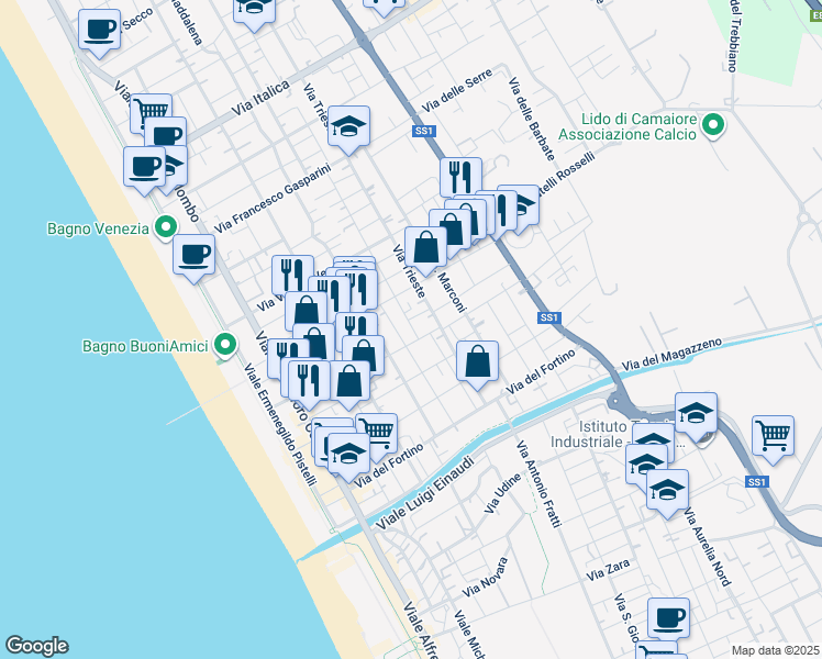 map of restaurants, bars, coffee shops, grocery stores, and more near 51 Via XXV Luglio in Lido di Camaiore