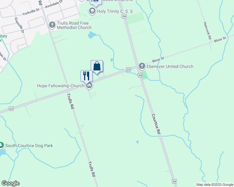 map of restaurants, bars, coffee shops, grocery stores, and more near in Courtice