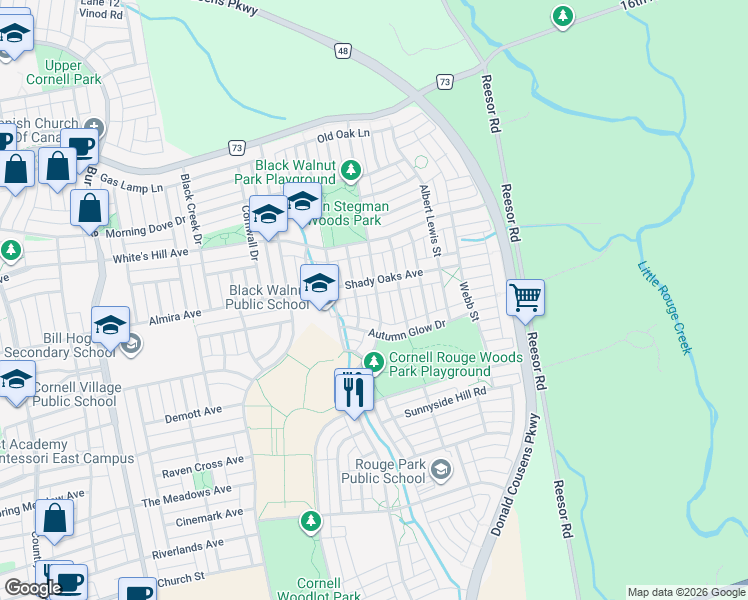 map of restaurants, bars, coffee shops, grocery stores, and more near 686 Cornell Rouge Boulevard in Markham