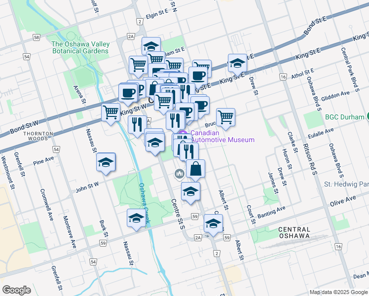 map of restaurants, bars, coffee shops, grocery stores, and more near 115 Simcoe Street South in Oshawa