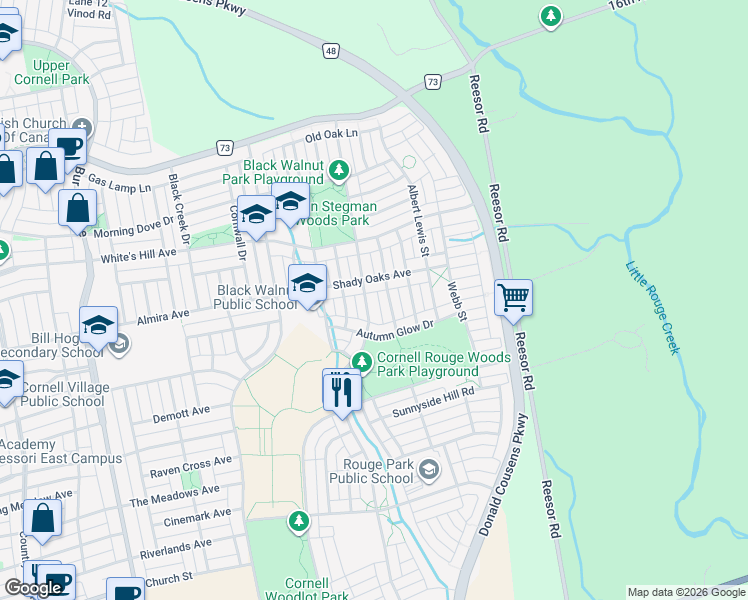 map of restaurants, bars, coffee shops, grocery stores, and more near 686 Cornell Rouge Boulevard in Markham